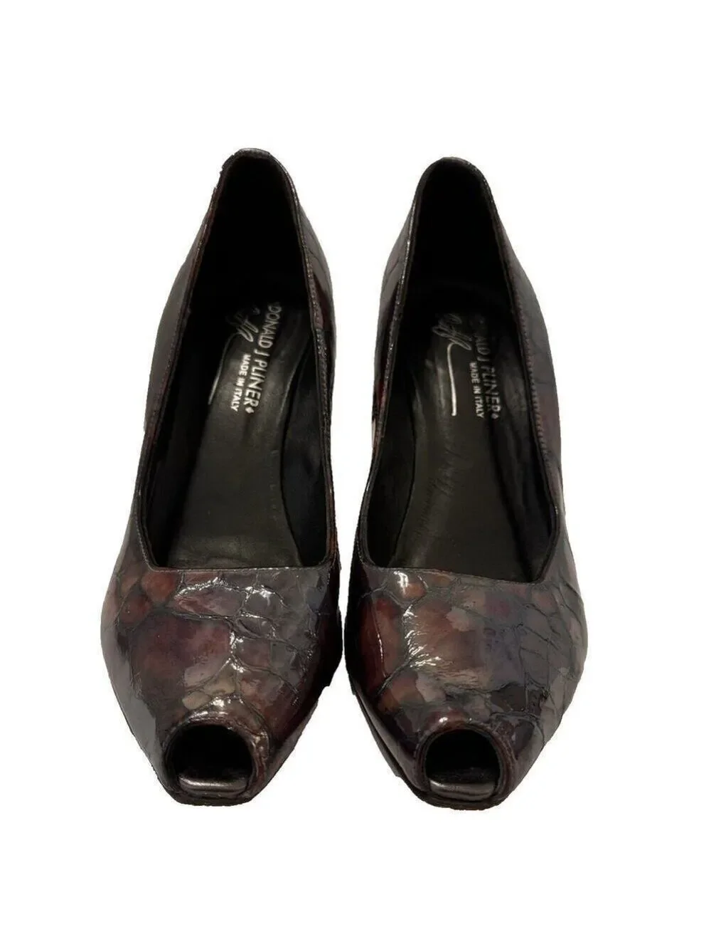 Donald J Pliner Arin Brown Tortoise Patent Leather Peep Toe Heels Sz 7M Italy